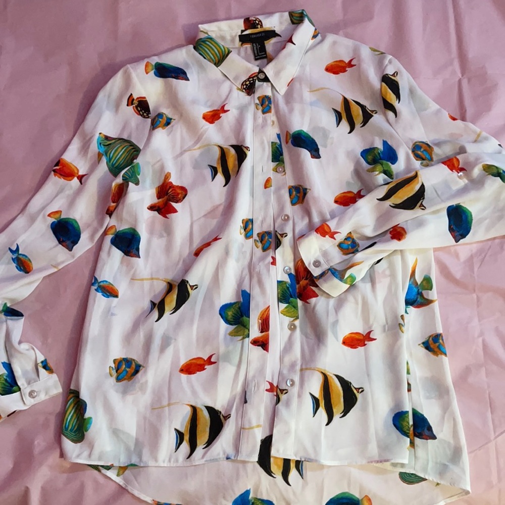 Sheer white blouse with fish print